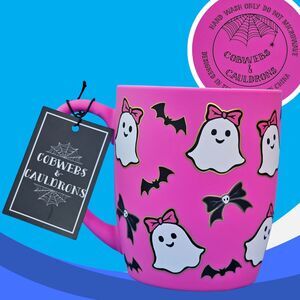 Hot Pink Ghost Halloween Mug Soft Touch Bats Bows Cobwebs & Cauldrons Coffee Cup